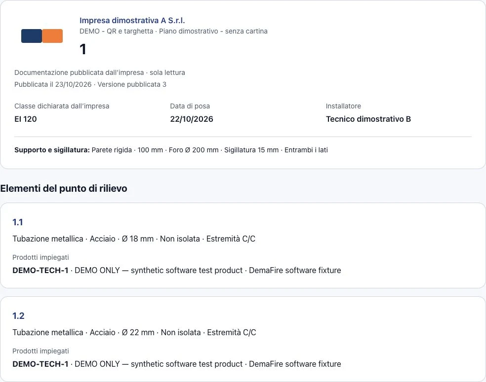 Pagina cliente DemaFire con sotto-ID e documenti pubblicati dall’impresa