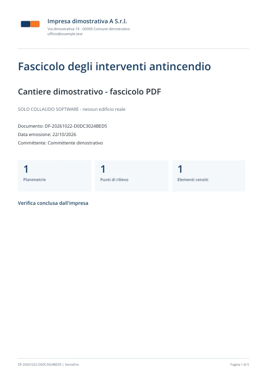 Copertina del fascicolo PDF generato da DemaFire con dati e documenti dimostrativi